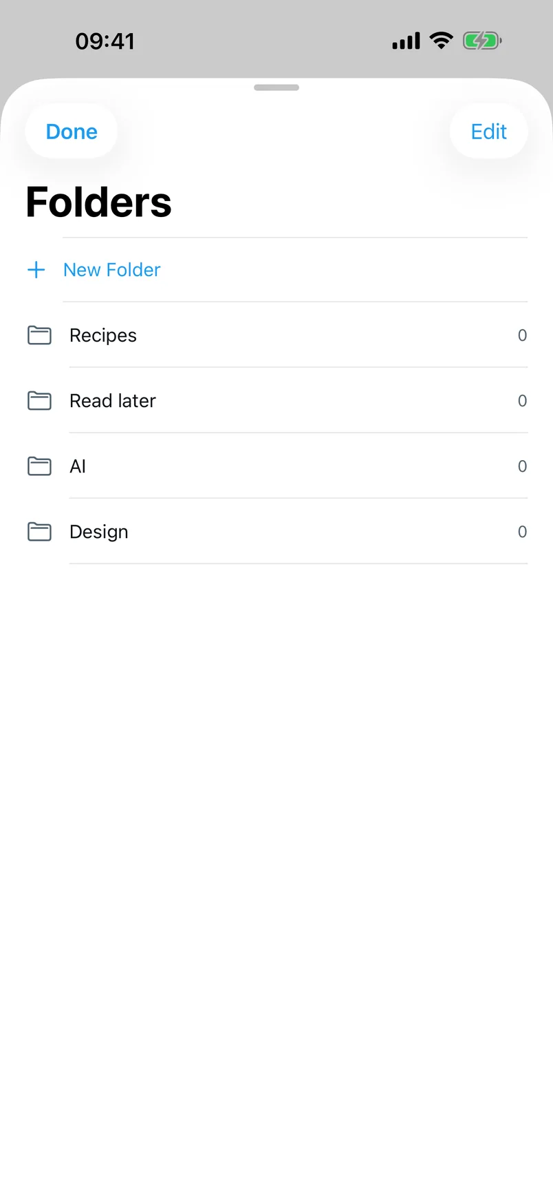The Folders sheet with New Folder and custom folders