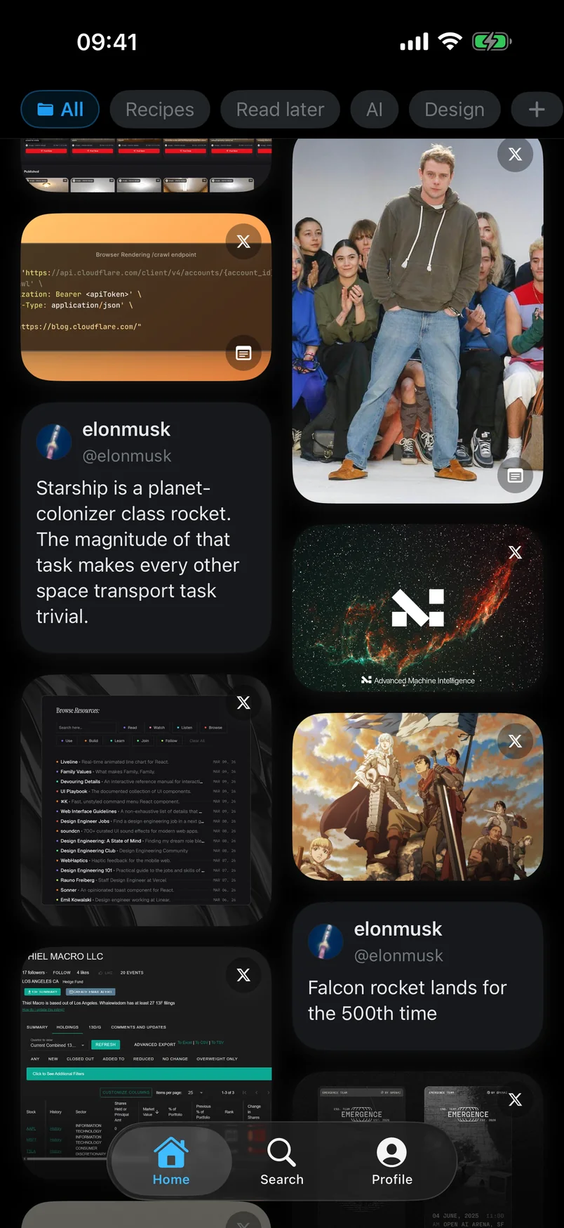 XSaved home: a masonry grid of saved posts in dark mode, with folder chips and the floating tab bar