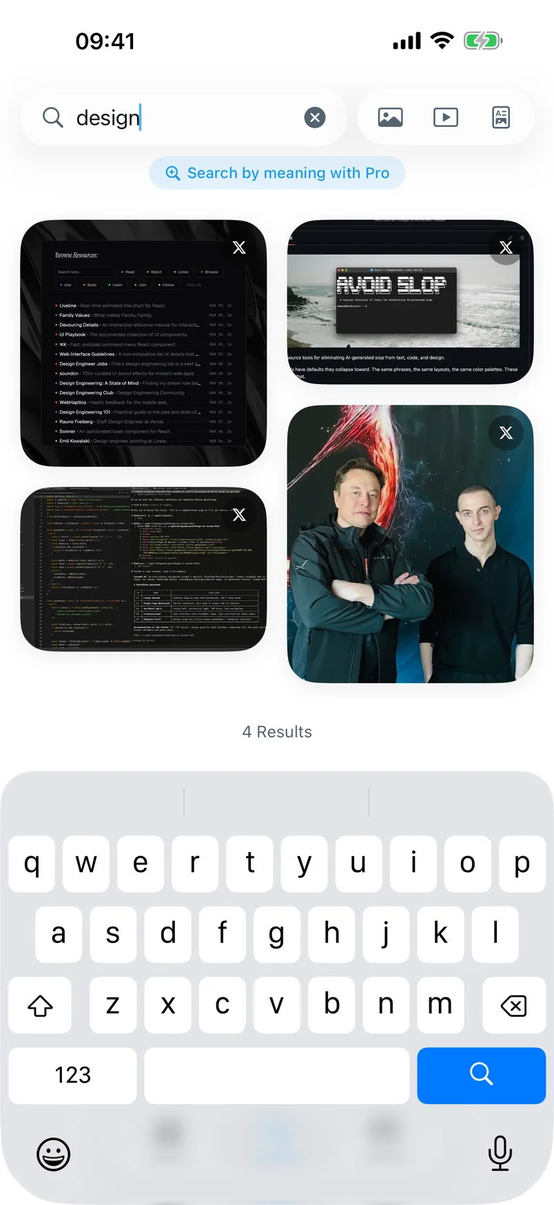 Searching 'design' in XSaved with results and a Search-by-meaning Pro suggestion
