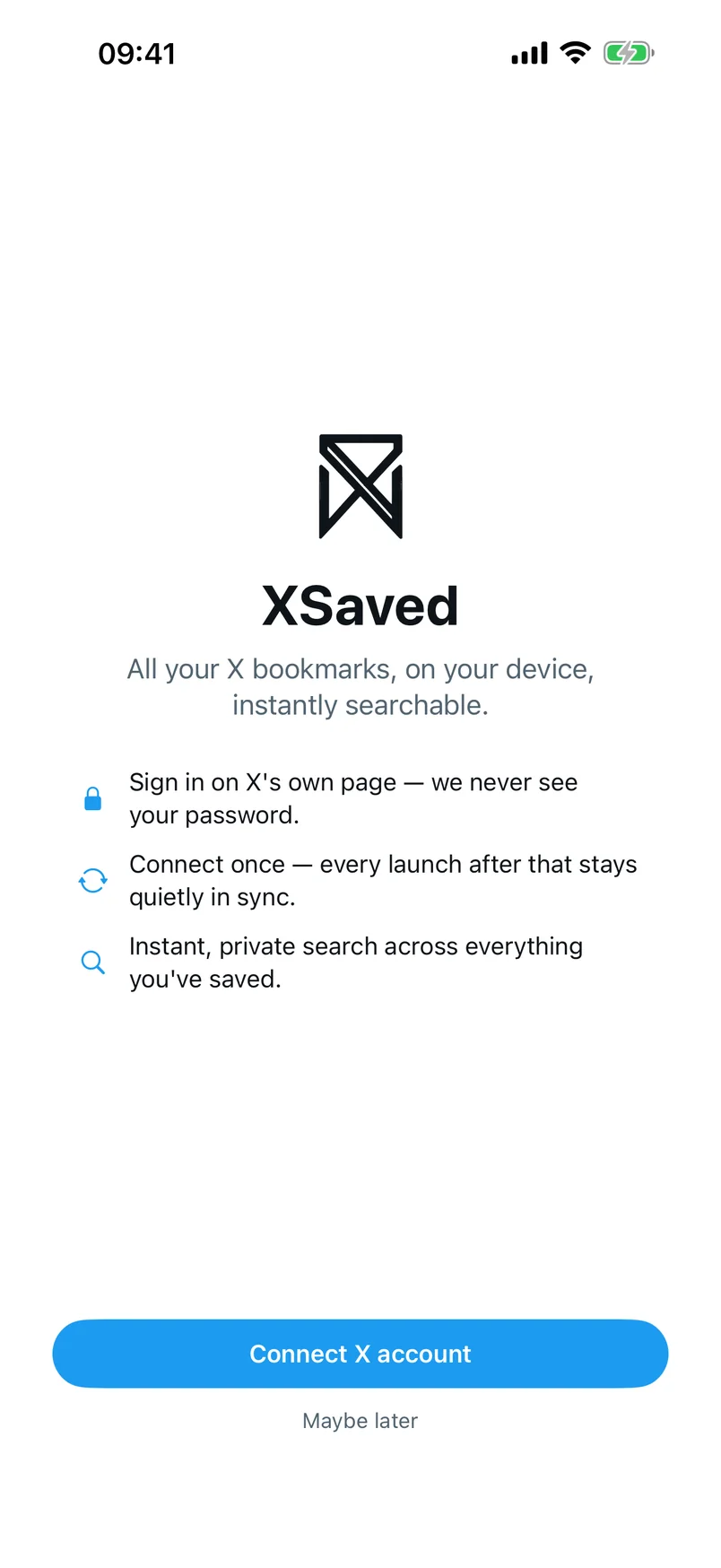 XSaved welcome screen with a Connect X account button